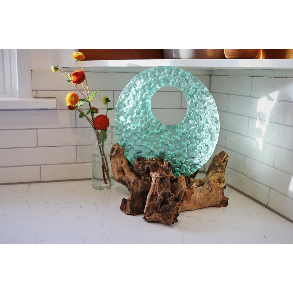 10" Decorative Light Blue Glass Disk on Gamal Wood