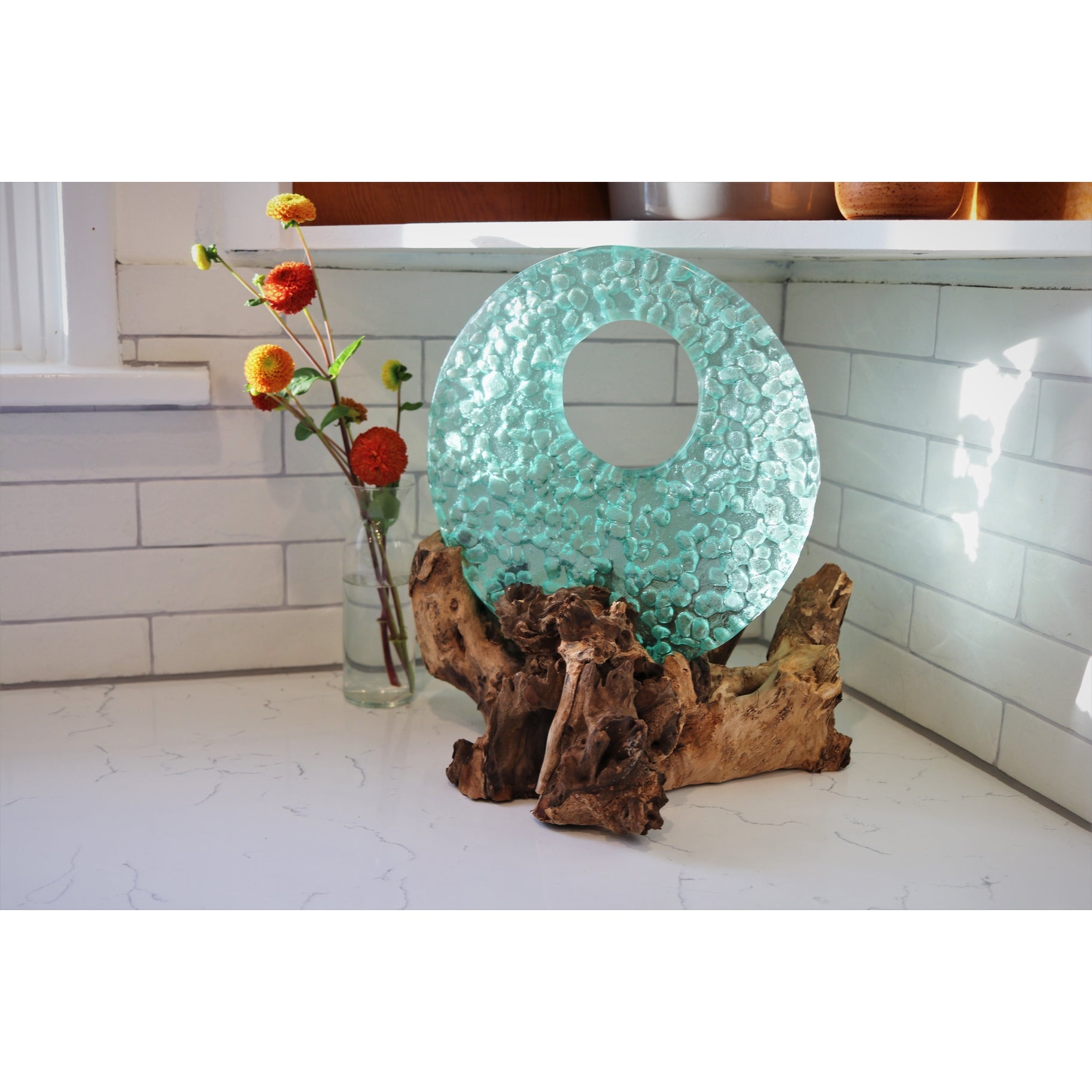 10" Decorative Light Blue Glass Disk on Gamal Wood