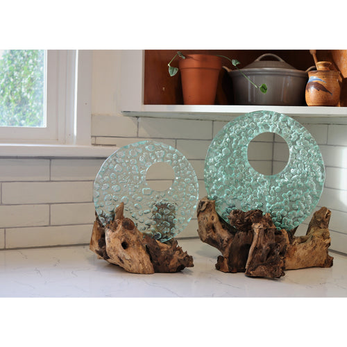 10" Decorative Light Blue Glass Disk on Gamal Wood