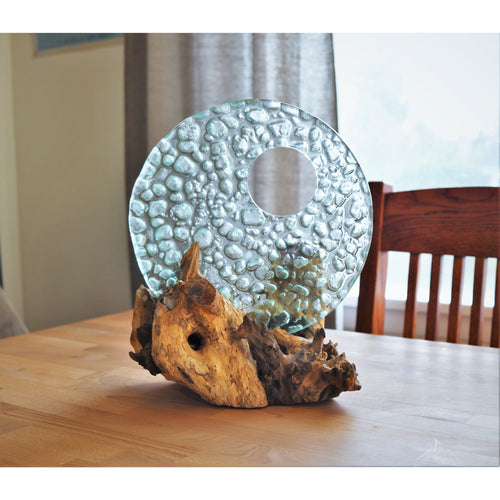 10" Decorative Light Blue Glass Disk on Gamal Wood