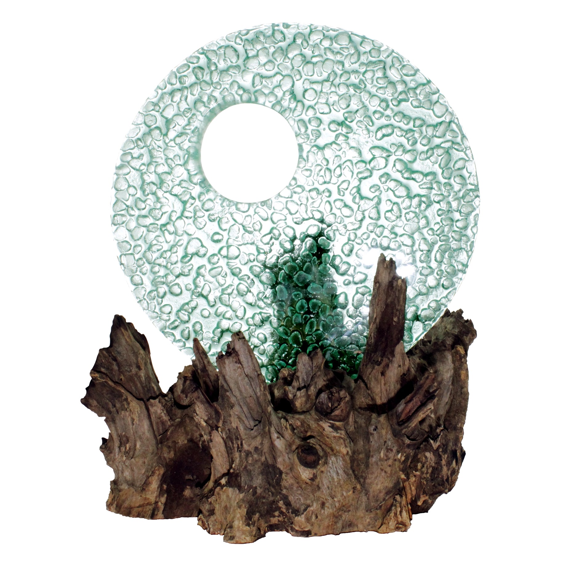 10" Decorative Light Blue Glass Disk on Gamal Wood